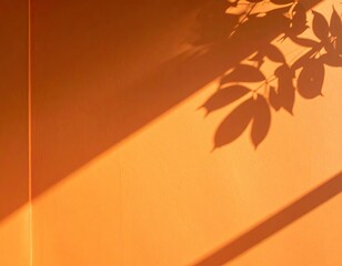 Orange wall with leaves shadow and bright sunlight streak