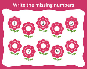 Write the missing numbers in flowers. Children's educational game. Score 1-10.