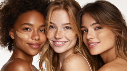 Three smiling young women with different skin tones standing together in a studio with white background. African, Caucasian, Latina descent. Each woman has swatch of foundation on cheek. Generative AI