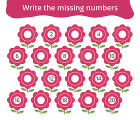 Missing number worksheet for kids with flowers, count and write numbers from 1 to 20, great for preschool math learning and early number practice.