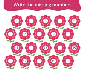 Missing number worksheet for kids with flowers, count and write numbers from 1 to 20, great for preschool math learning and early number practice.