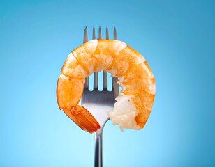 A single shrimp perched on a fork against a vibrant blue backdrop