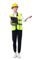 Young engineer in hard hat and reflective vest with clipboard on white background