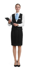 Stewardess in uniform with clipboard on white background