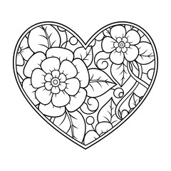 Mehndi flower pattern in form of heart for Henna drawing and tattoo. Decoration in ethnic oriental, Indian style. Valentine's day greetings. Coloring book page.