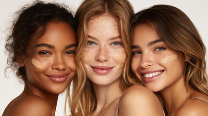 Three smiling young women with different skin tones standing together in a studio with white background. African, Caucasian, Latina descent. Each woman has swatch of foundation on cheek. Generative AI