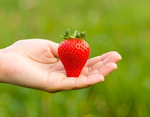 A single strawberry held in a hand, against a blurred green background