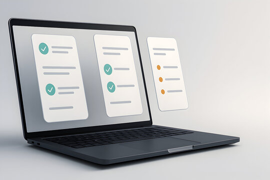 Laptop with Floating Checklist UI Panels, Task Management Dashboard - Powered by Adobe