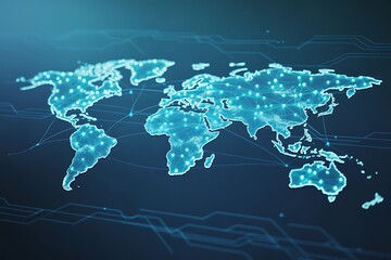 Global business network showcasing worldwide connectivity and worldwide reach with glowing blue map emphasizing international success and modern technology solutions
