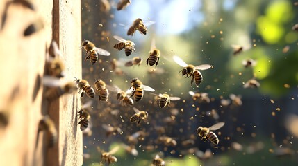 A stunning ultra HD photo capturing a dynamic swarm of bees buzzing around their hive entrance, showcasing nature's intricate beauty.