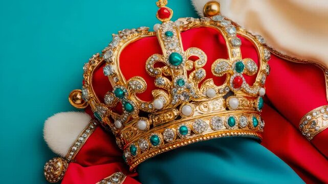 Majestic golden diadem adorned with vibrant emeralds, shimmering diamonds, and lustrous pearls, draped elegantly on red velvet and striking teal cloth, representing supreme authority