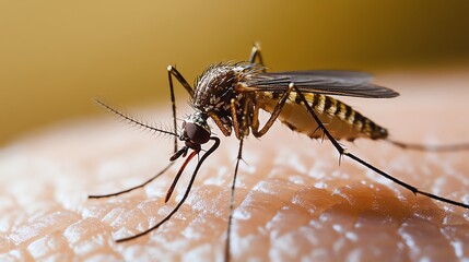A stunning close-up of a mosquito on human skin, showcasing intricate details of its proboscis in a photorealistic macro view.