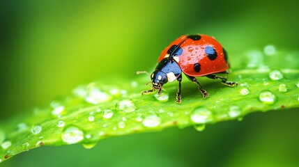 Obraz premium A ladybug crawls on a green leaf adorned with morning dew droplets, captured in stunning macro perspective with photo realistic clarity.
