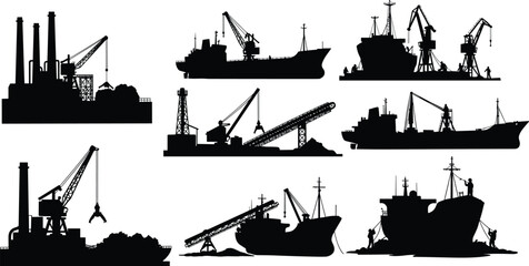 Industrial maritime silhouette, cargo ship vector, oil rig illustration, factory with crane, conveyor belt facility, refinery design, dockyard, machinery, shipping, industry