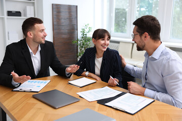 Couple having meeting with business consultant at table in office