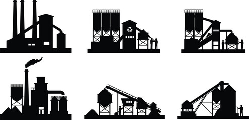 Industrial building silhouette, factory vector illustration, recycling plant design, conveyor system facility, warehouse architecture, refinery drawing, power plant, machinery, smoke chimney, industry