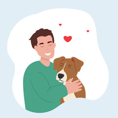Young man with cute dog portrait. Happy Pet and owner spending time together. vector illustration