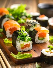 Assorted sushi rolls on a wooden board
