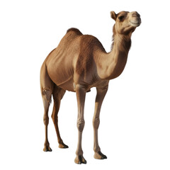 A dromedary camel stands on a white background, its long neck and hump clearly visible, showcasing its desert adaptation.