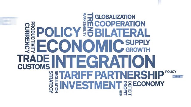 Economic integration animated word cloud-text design animation tag kinetic typography seamless loop.