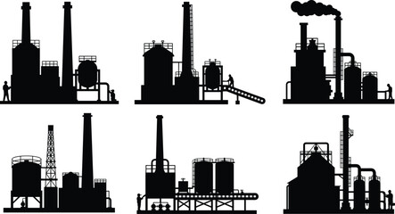 Obraz premium Industrial facility silhouette vector illustration, oil refinery plant icons, chemical processing factory structures, power generation units, black and white industrial design