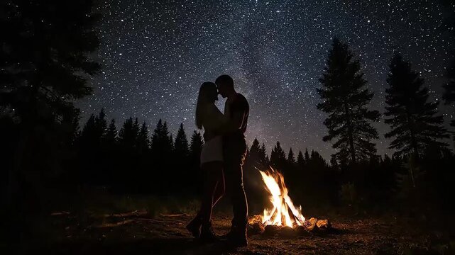 Romantic couple under a beautiful starry night sky by a warm campfire in the forest a magical and intimate outdoor adventure with a breathtaking view of the uni