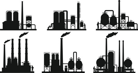 Obraz premium Industrial factory silhouette vector illustration, chemical plant refinery icons, oil and gas processing facility structures, power generation units, black and white industrial design