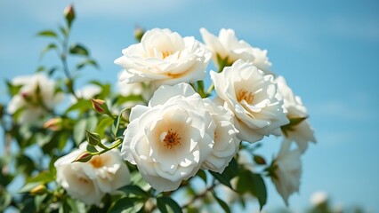 Close-up of white bush roses in full bloom against a soft blue sky, embodying spring garden beauty.