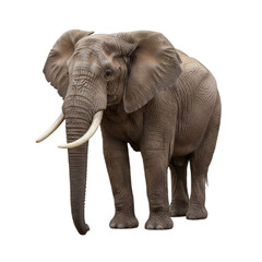 Obraz premium A majestic African elephant with large ears and long tusks stands isolated on a white background.