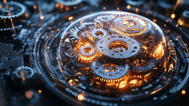 This photo-realistic image portrays the abstract concept of time as glowing gears within a human brain, showcasing surreal detail. - Powered by Adobe