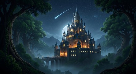 Obraz premium Enchanted Castle Under Moonlight - A Fantasy Landscape.