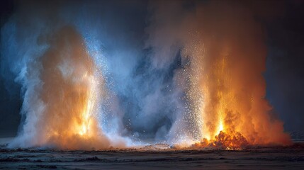 Dramatic explosion of fire and smoke against a dark sky.