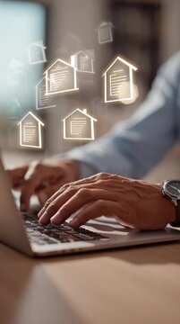 A persons hands actively typing on a laptop, with luminous digital representations of houses hovering in the air, symbolizing digital real estate and online property transactions
