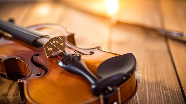 Close-up of a Beautiful Violin on Wooden Surface
