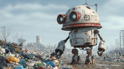 A robot is standing in a pile of garbage