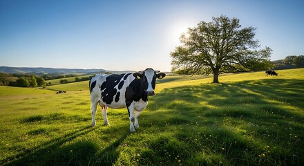 Cow Grazing in a Lush Green Meadow on a Sunny Day.