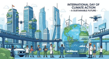 Illustration depicting a futuristic city with green buildings, wind turbines on a globe, flying vehicles, and people promoting climate action.