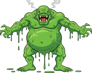 Cartoon scary green monster, slime creature dripping goo, horror beast illustration, fantasy character design, creepy villain artwork, spooky slime dripping monster