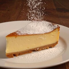 A slice of cheesecake, dusted with powdered sugar