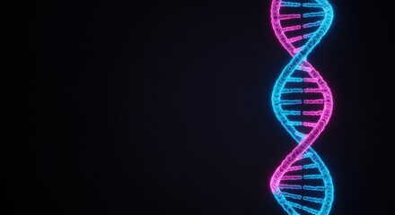 Glowing dna double helix in pink and blue on black background.