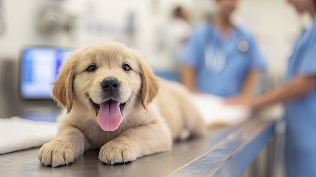 A cheerful golden retriever puppy rests on a veterinary examination table.