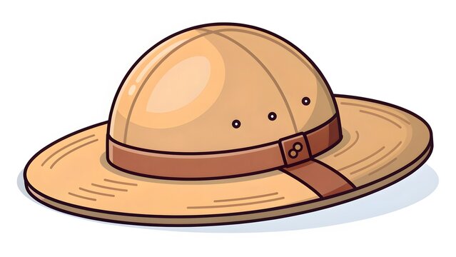 A classic beige safari helmet (or pith hat) with a brown leather band in a clean illustration style.
