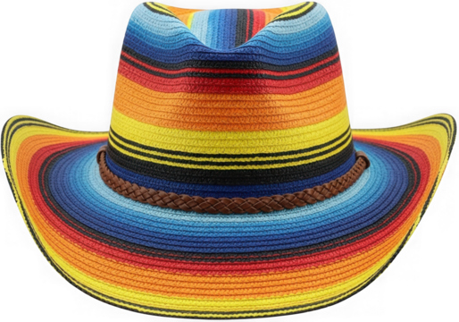 Colorful striped cowboy hat with braided band isolated on transparent background