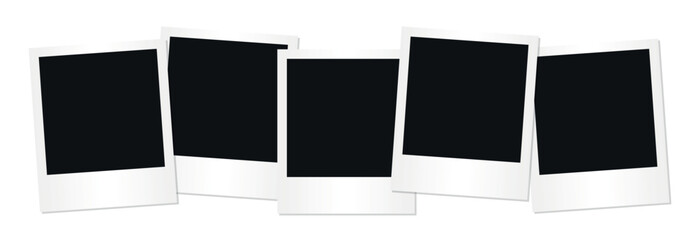 Set of five blank vintage instant photo frames with white borders stacked overlapping isolated on transparent background template for mockup memory nostalgia retro photography design presentation