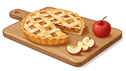 A freshly baked lattice apple pie with a slice removed, served on a wooden cutting board with apples.

