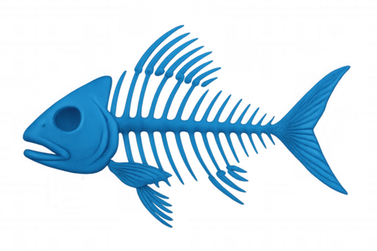 Blue fish skeleton with a stylized plasticine texture, representing aquatic anatomy, death, and environmental impact