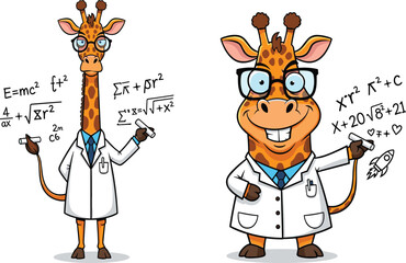 Funny cartoon giraffe scientist with glasses and white lab coat writing math formulas, educational animal character illustration for science learning