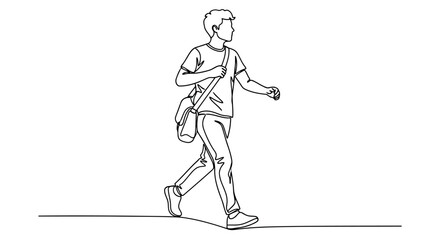 Continuous line drawing of a young man walking carrying a bag simple vector illustration for lifesty