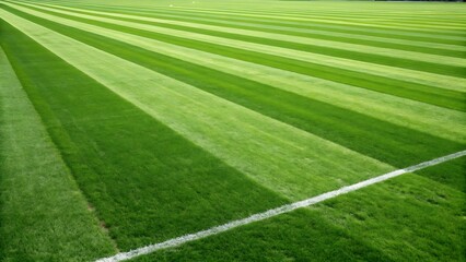 Obraz premium Freshly mowed soccer field with crisp white boundary lines.