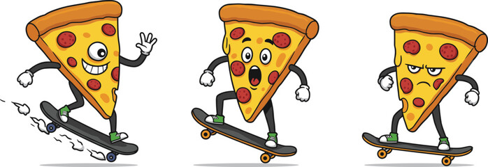 Funny cartoon pizza slice skateboarding, pepperoni pizza character with emotions, vector illustration, extreme sport food mascot, playful fast food design, isolated